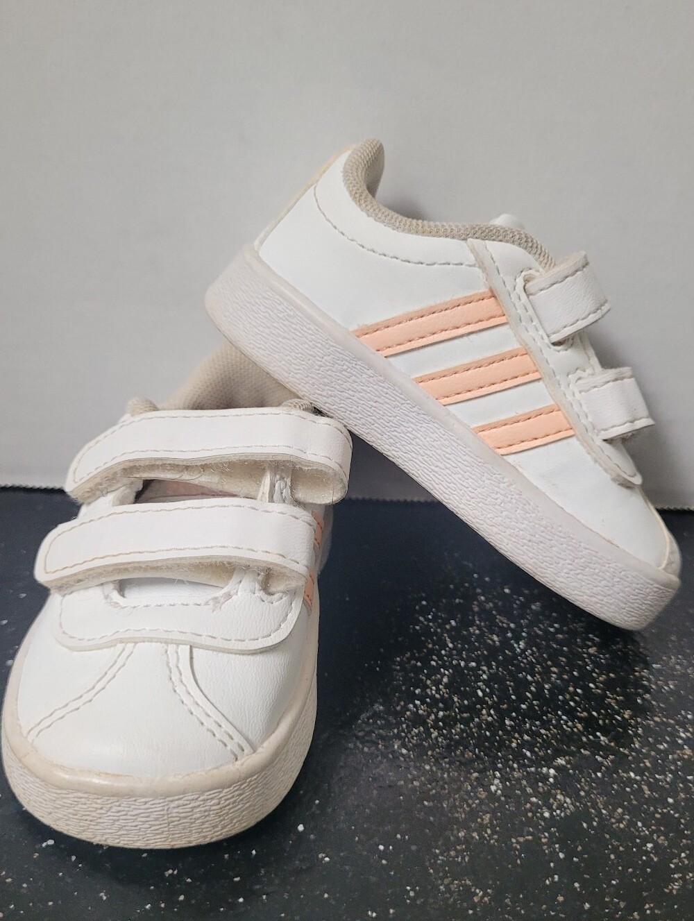adidas Kids White Sneakers with Peach Stripes - Velcro